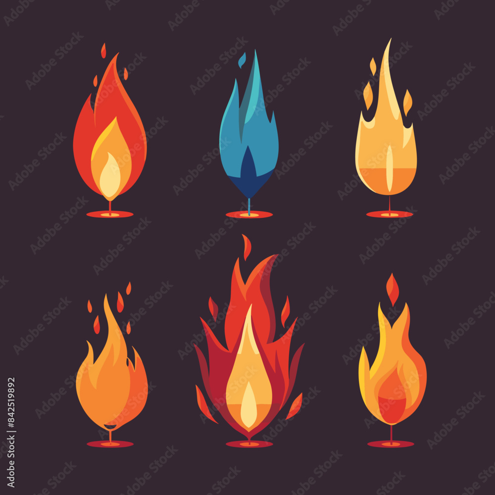 Six different stylized fire flames, colorful, vibrant, graphical. Flames range simplistic single flame complex, layered designs, against dark background. Varied hues traditional fiery orange red Six different stylized fire flames, colorful, vibrant, graphical. Flames range simplistic single flame complex, layered designs, against dark background. Varied hues traditional fiery orange red