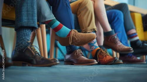 Colorful socks and stylish shoes under table during meeting. Casual fashion and office wear blend