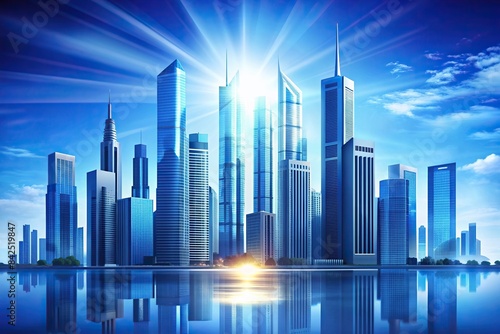 The gleaming, futuristic silhouette of Blue Sky City's iconic skyscrapers pierce the azure sky, their metallic facades reflecting the vibrant urban energy below, skyscrapers, skyline, city © tammanoon