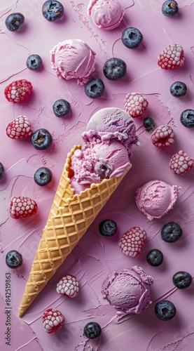 flatlay, top viewA delicious waffle cone with ice cream, the blueberry and raspberry ice cream is very colorful, there is an explosion of frozen berries  photo