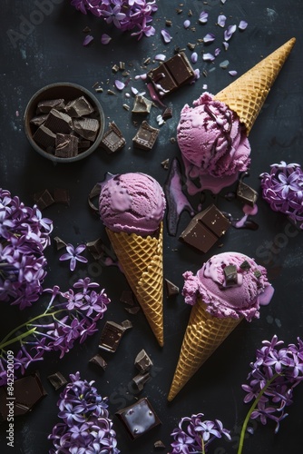 flatlayfood photography, ice cream cones with purple lilac flowers and chocolate pieces, on dark background, with an vanilla sauce  photo