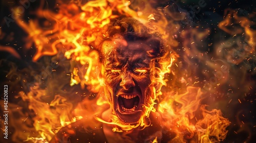 Person On Fire. Young Man Expressing Rage and Anger in Fiery Inferno