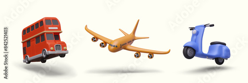 Vector set of 3D transport for tourist trips. Red double decker bus, airplane, electric scooter