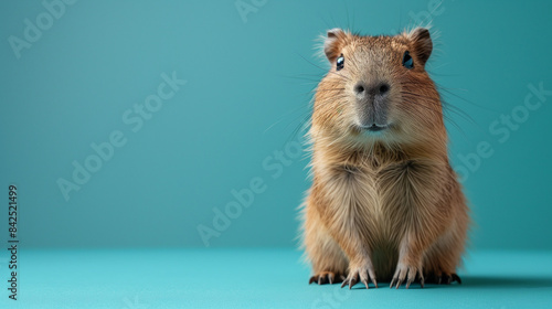 Close-up Portrait of Adorable Capybara on Turquoise Background photo