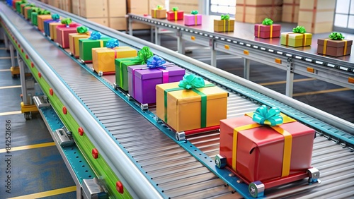 A festive conveyor belt loaded with colorful, wrapped presents, moving steadily toward a waiting delivery truck, conveyor belt, presents, gifts, wrapping, holiday, christmas, new year