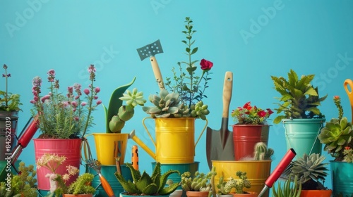 Wallpaper Mural Colorful Gardening Tools and Vibrant Plants Arranged Against Blue Background Torontodigital.ca