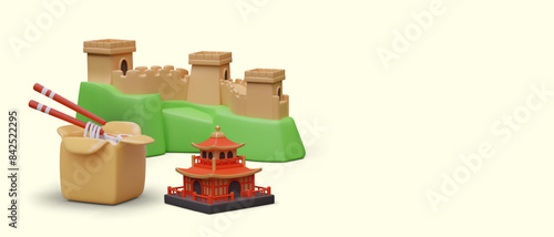Great Wall of China, box of rice noodles and chopsticks, red pagoda