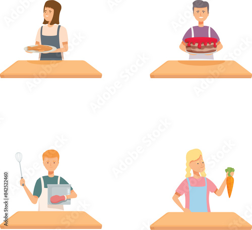 Four professional male and female chefs in action preparing gourmet cuisine in a diverse kitchen cartoon illustration with diverse characters and techniques