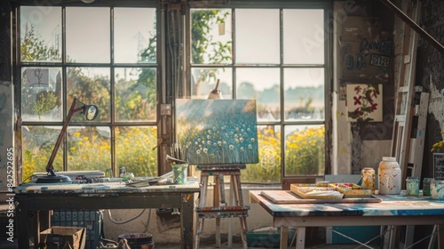 Cozy artist studio with a sunny view. Artistic workspace featuring a bright window. Tranquil environment with creative tools and painting setup.
