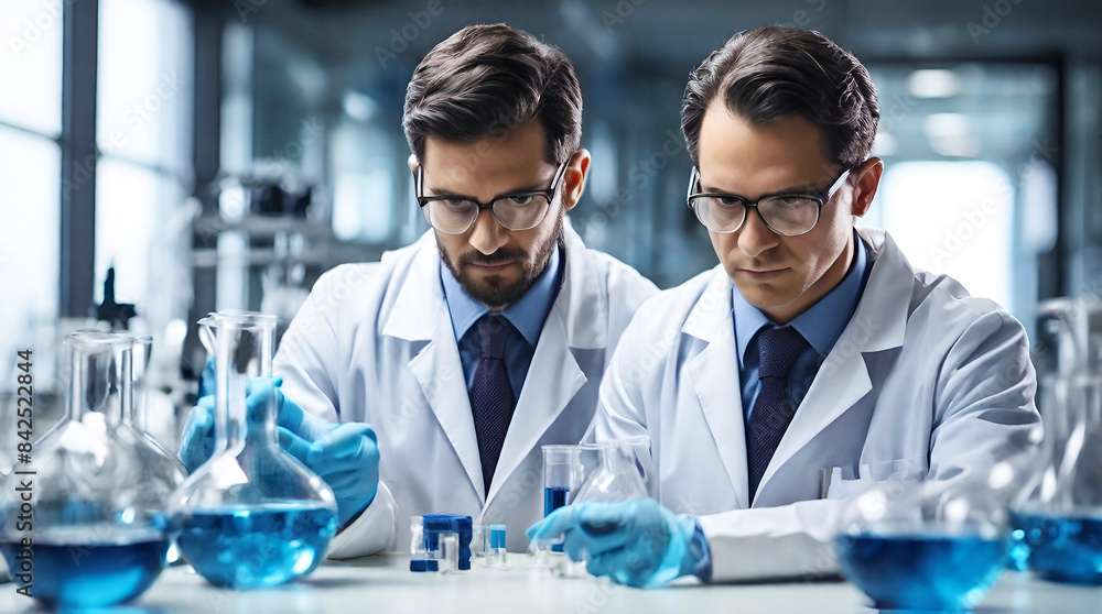 Scientist in laboratory analyzing blue substance in beaker, conducting medical research for pharmaceutical discovery, biotechnology development in healthcare, science and chemistry concept Scientist in laboratory analyzing blue substance in beaker, conducting medical research for pharmaceutical discovery, biotechnology development in healthcare, science and chemistry concept