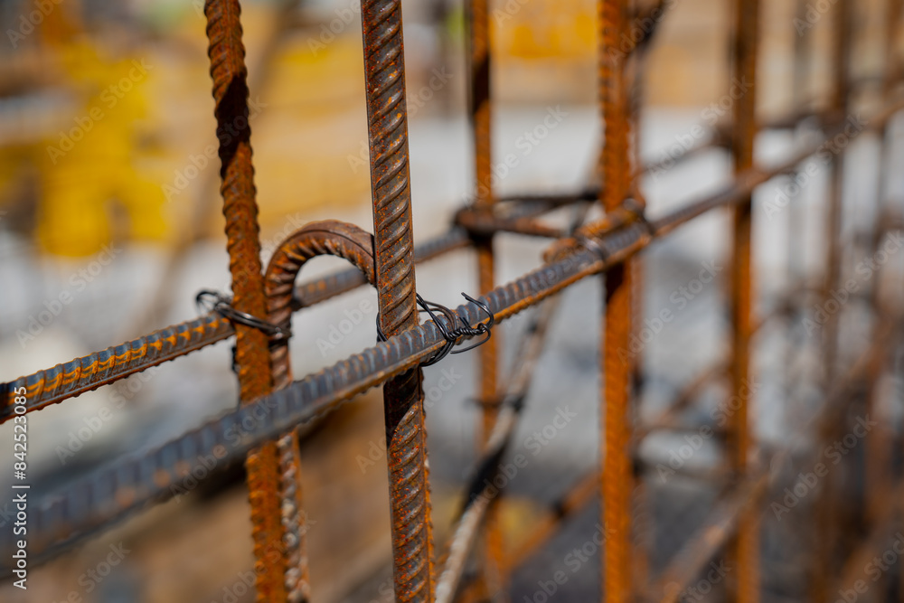 Connected reinforcement bars in construction site Connected reinforcement bars in construction site