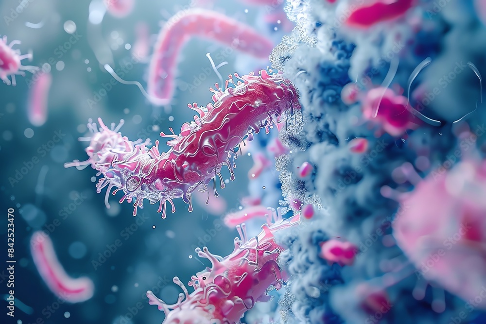Close-up of microscopic bacteria colonies, showcasing vibrant pink and blue hues, illustrating the intricacies of microbial life under magnification. Close-up of microscopic bacteria colonies, showcasing vibrant pink and blue hues, illustrating the intricacies of microbial life under magnification.