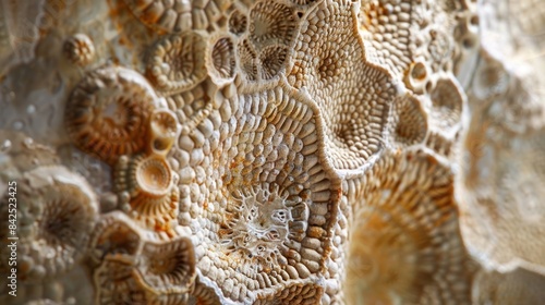 Close-up of intricate honeycomb patterns. Unique texture, great for backgrounds. Natural, abstract design in soft brown and beige tones.