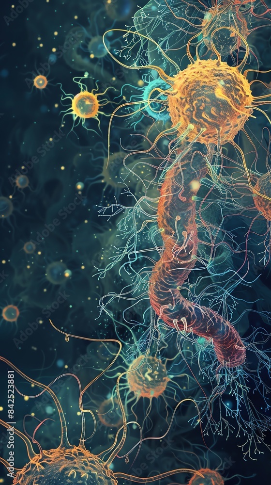 Fototapeta premium Abstract depiction of microscopic organisms with intricate patterns and vibrant colors, illustrating the beauty of cellular biology.