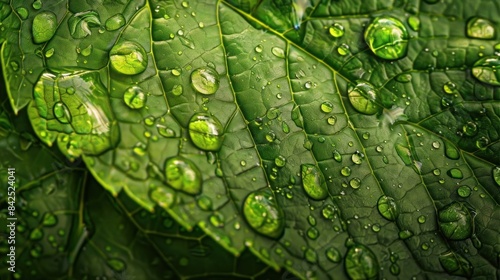Close-up of fresh green leaves with dew droplets. Nature's beauty captured in a macro shot showcasing vibrant green foliage and clear water drops. © Tamara