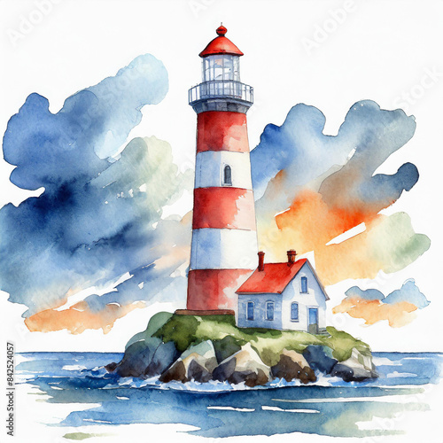 Watercolor big red and white lighthouse on stones. Old construction, water coast nautical equipment photo