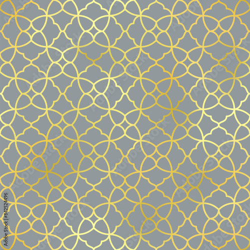 Arabic style seamless pattern. Vector gold oriental ornament on grey background. Islamic traditional texture for backgrounds, wallpapers, textile patterns, decoration