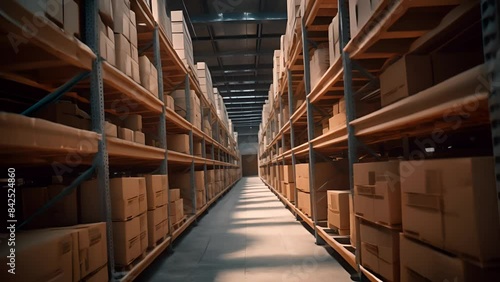 Logistics, industry and shelf with inventory in warehouse for wholesale, distribution and production. Dropshipping, cardboard box and factory for cargo for supply chain, storage and manufacturing