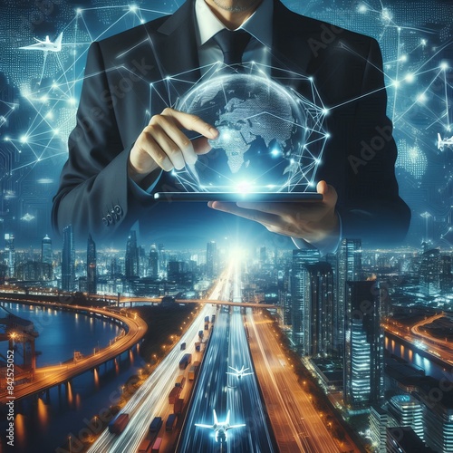 Innovation technology digital future of logistics freight transportation import export concept, Manager using tablet control online tracking cargo delivery distribution on city world map background