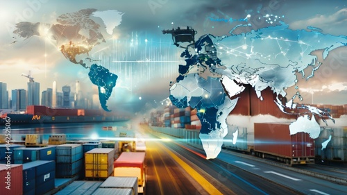 Innovation technology digital future of logistics freight transportation import export concept, Manager using tablet control online tracking cargo delivery distribution on city world map background