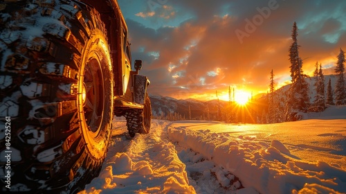 Car wheel with winter tires in snowy forest clearing for enhanced winter driving performance