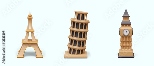 Eiffel Tower, Leaning Tower of Pisa, Big Ben. Set of high architectural monuments of Europe
