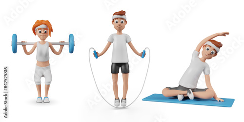 Woman squats with dumbbell, guy jumps with rope, man bends in lotus position