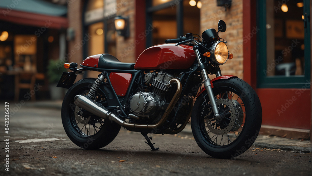 Red, custom build caffe racer motorbike in the city Red, custom build caffe racer motorbike in the city