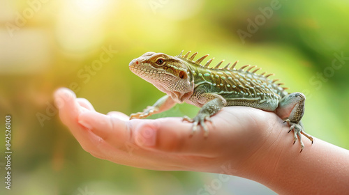 Close-up of a small lizard sitting on a hand on a green background.