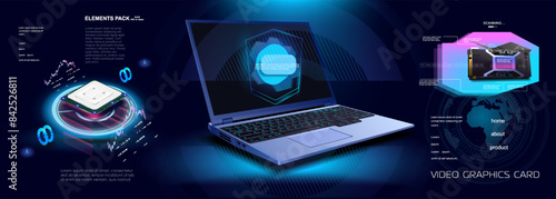 Futuristic cyber banner with open laptop and computer components. Processor, video card and laptop with parameters and characteristics. Modern computer technologies and developments photo
