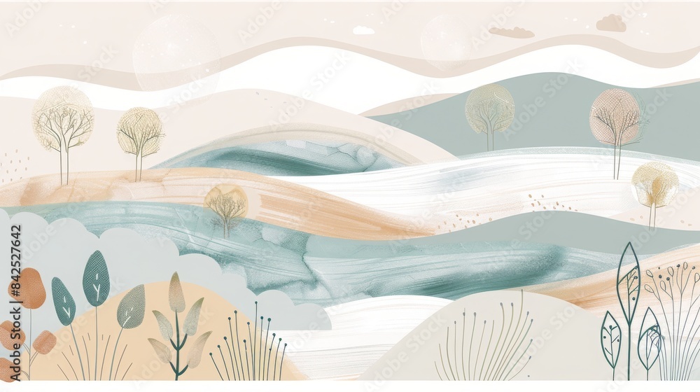 Naklejka premium Minimalistic Abstract Nature Scene with Soft Pastel Colors - Design for Prints, Cards, Posters