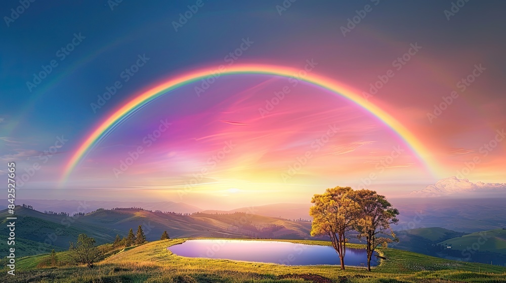 a vibrant rainbow arching over a picturesque farm landscape, where a tranquil lake reflects the colorful sky of a summer sunset, amidst lush trees and the glow of a sunny day. a vibrant rainbow arching over a picturesque farm landscape, where a tranquil lake reflects the colorful sky of a summer sunset, amidst lush trees and the glow of a sunny day.