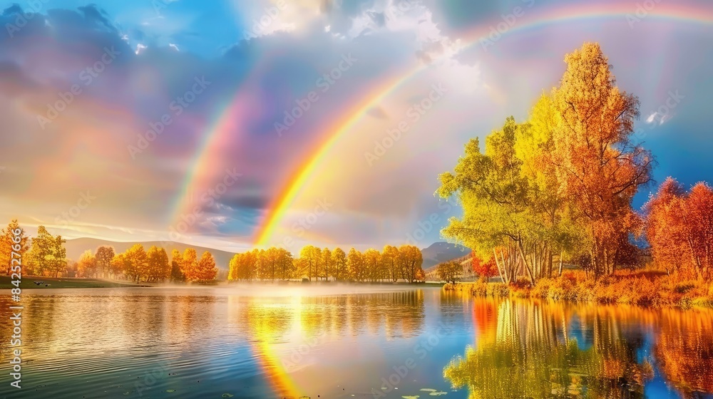 a vibrant rainbow arching over a picturesque farm landscape, where a tranquil lake reflects the colorful sky of a summer sunset, amidst lush trees and the glow of a sunny day. a vibrant rainbow arching over a picturesque farm landscape, where a tranquil lake reflects the colorful sky of a summer sunset, amidst lush trees and the glow of a sunny day.