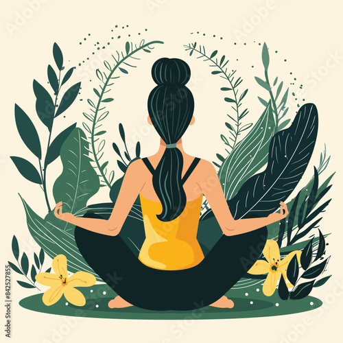 Woman practices yoga surrounded plants flowers. Female lotus position meditating nature, tranquility concept. Calm yoga session peaceful green setting, wellness mindfulness focus