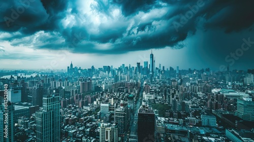 a city skyline shrouded in dark clouds and rain, evoking a sense of impending doom and representing the tumultuous end of an era amidst natural disaster or war. photo