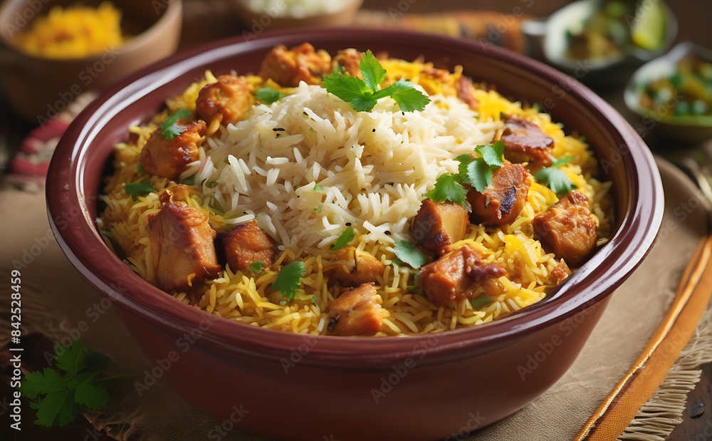 Chicken biryani, a South Asian dish made with rice, chicken, and spices.