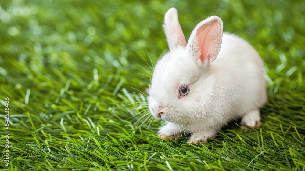 a cute white baby bunny nestled amidst lush green grass, offering a delightful visual contrast and evoking feelings of tenderness and serenity, with ample copy space for versatile usage a cute white baby bunny nestled amidst lush green grass, offering a delightful visual contrast and evoking feelings of tenderness and serenity, with ample copy space for versatile usage