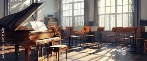 A classical music classroom with a grand piano, sheet music stands, and students practicing instruments photo