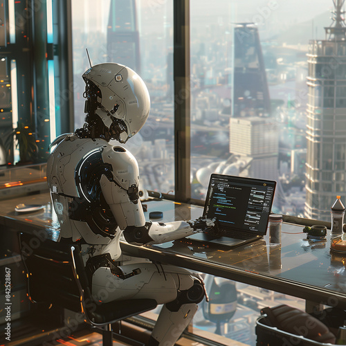 Visualize a representation of the ChatGPT bot as a futuristic, humanoid robot, seated in a laptop screen, at the modern desk seats lady chef. The background is a high-tech kitchen, with advanced gadge photo