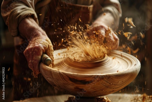 Wood Turning. Male Craftsman Turning Wooden Bowl on Lathe in Carpenter's Workshop