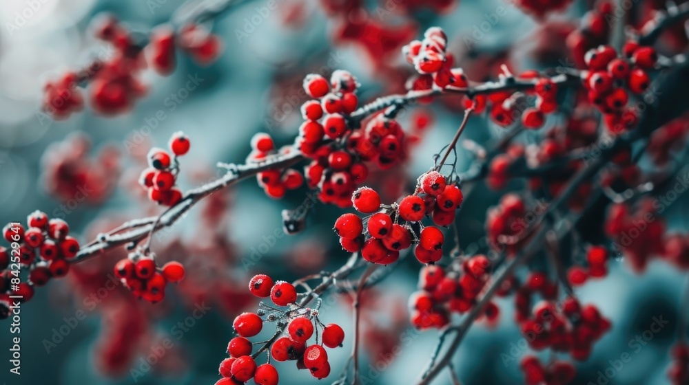 Red winter berries close-up with blurred background AI generated Red winter berries close-up with blurred background AI generated