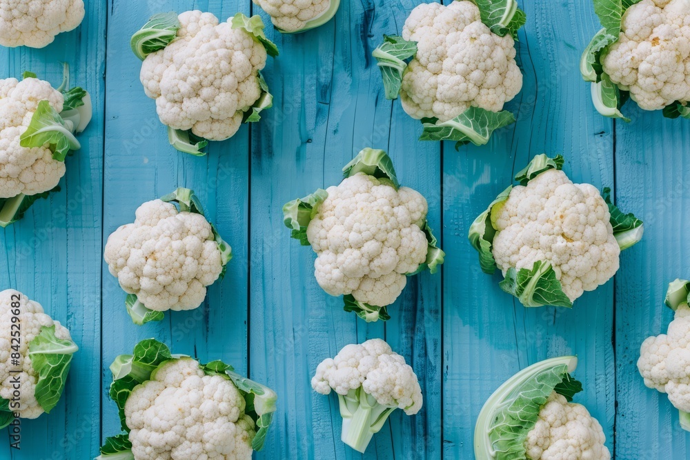 Cauliflowers on a blue rustic wooden background Cauliflowers on a blue rustic wooden background