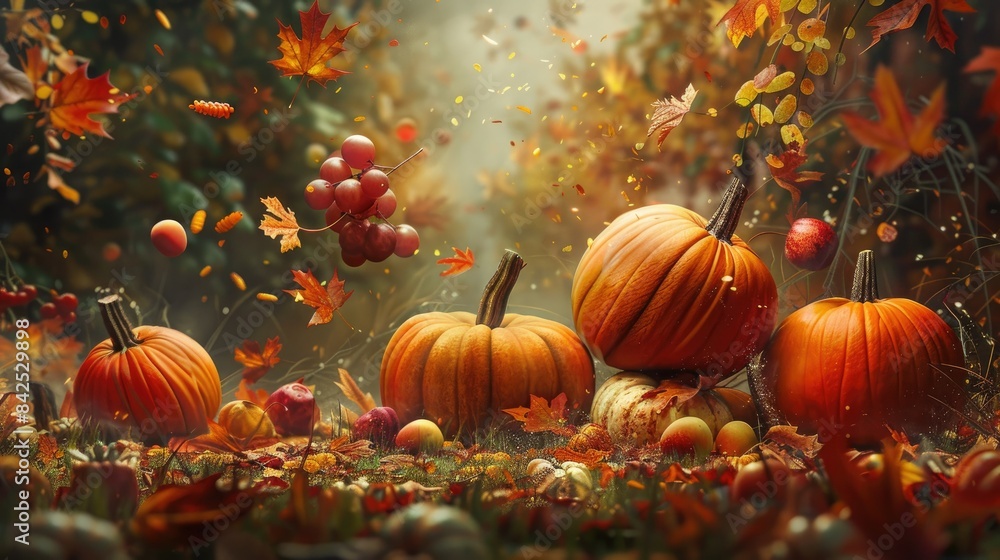 Thanksgiving pumpkins with fruits and falling leaves AI generated Thanksgiving pumpkins with fruits and falling leaves AI generated