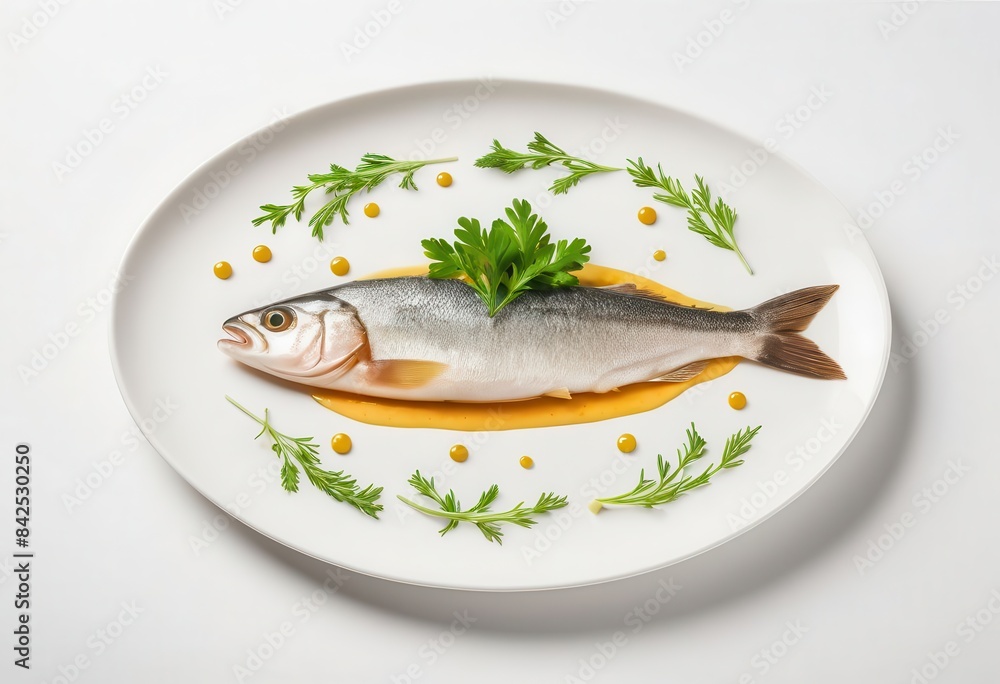 a white plate topped with a fish covered in mustard a white plate topped with a fish covered in mustard