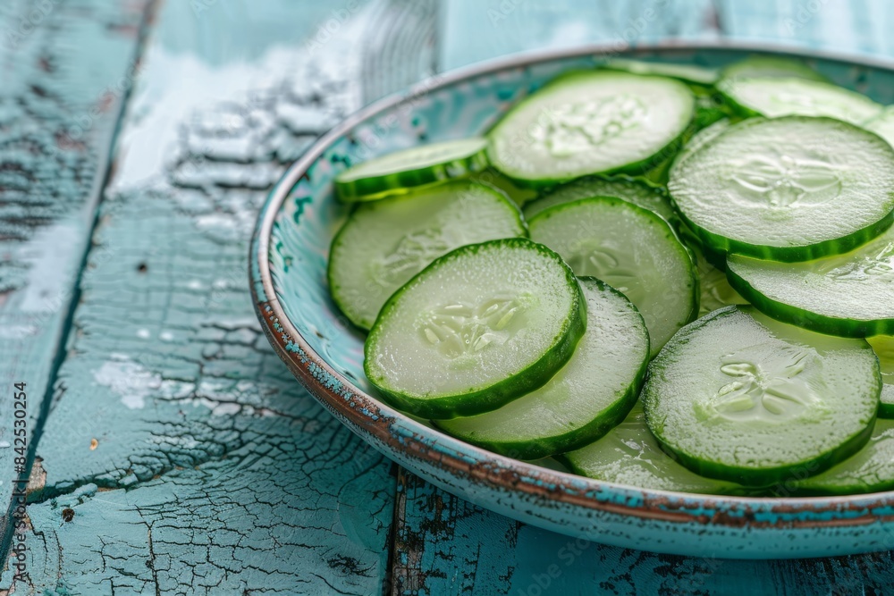 Sliced cucumbers in a ceramic dish on a blue rustic background Sliced cucumbers in a ceramic dish on a blue rustic background