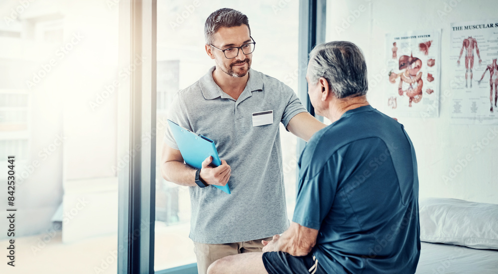 Fototapeta premium Physiotherapy, chiropractor and senior man in consultation for rehabilitation, recovery and treatment. Healthcare, physical therapy and person with patient for medical service, wellness and support