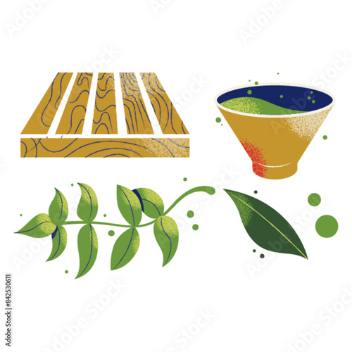 Oriental tea ceremony attributes set. Cups, teapot, table, tray. Green, pu erh, oolong. Japanese and chinese traditions. Flat vector illustration isolated on background