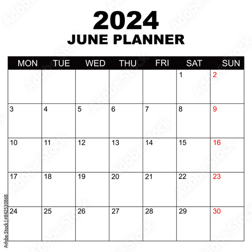 June 2024 Calendar. Week starts on Monday. Blank Calendar Template. Fits Letter Size Page. Stationery Design. Simple set calendar 2024. Monthly calendar template.