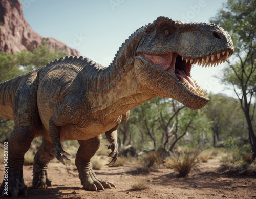 Un dinosauro è raffigurato mentre emette un ruggito potente, dichiarando il suo territorio. 