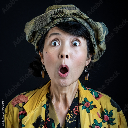 Headshot of a surprised Asian women in eccentric clothes 